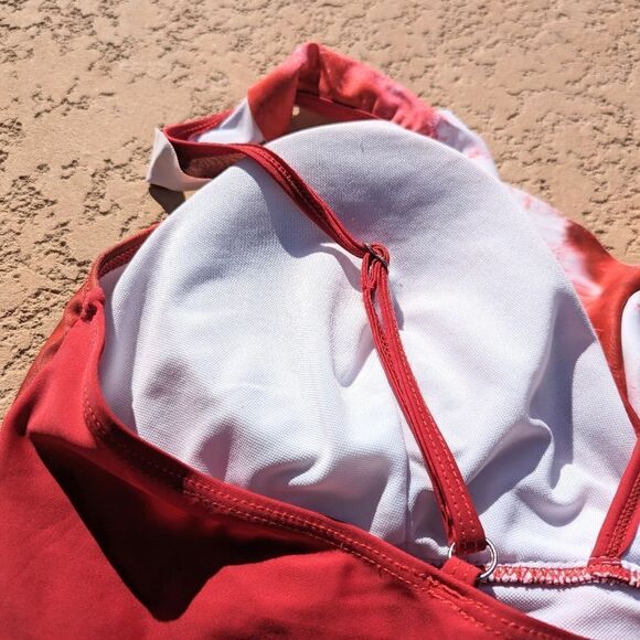 Women's marble red/white one-piece swimsuit - Picture 8 of 16